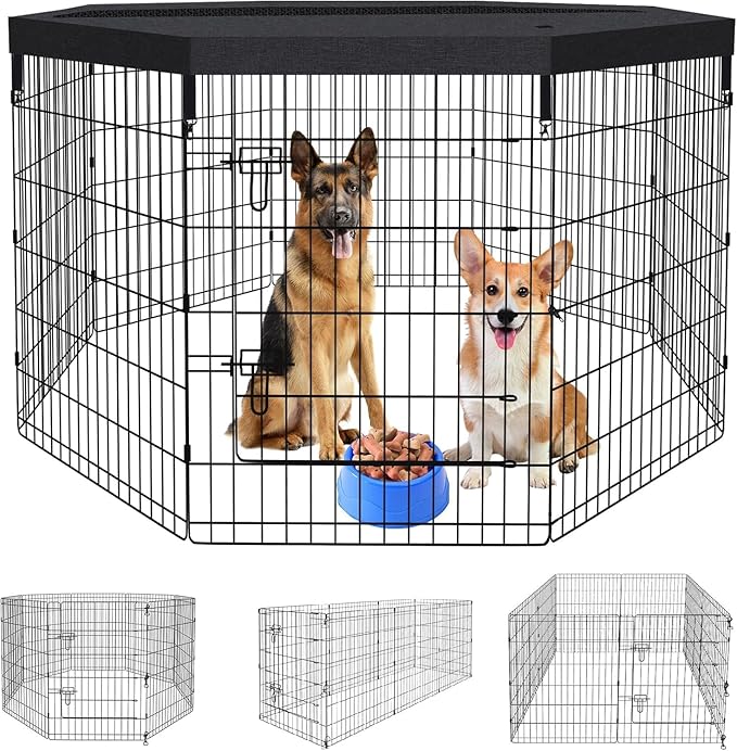 Pet Playpen Dog Pen Foldable Dog Exercise Fence 8 Panels 36 Inch Kennels Pet Playpen Options Ideal for Pet Medium Animals Outdoor Indoor (Playpen with Top Cover)