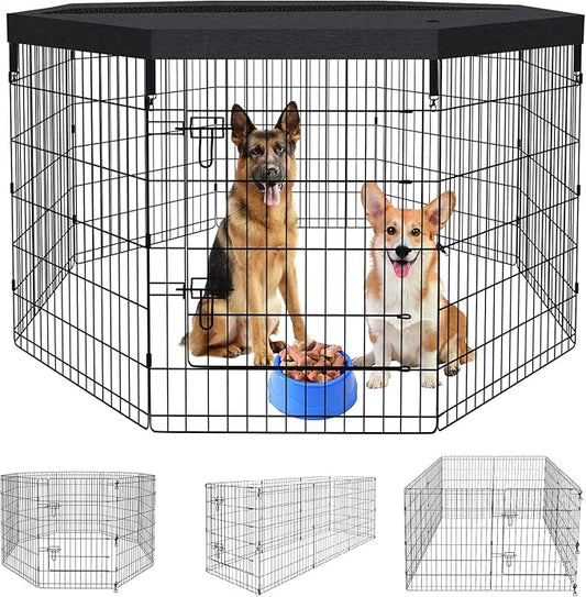 Pet Playpen Dog Pen Foldable Dog Exercise Fence 8 Panels 36 Inch Kennels Pet Playpen Options Ideal for Pet Medium Animals Outdoor Indoor (Playpen with Top Cover)