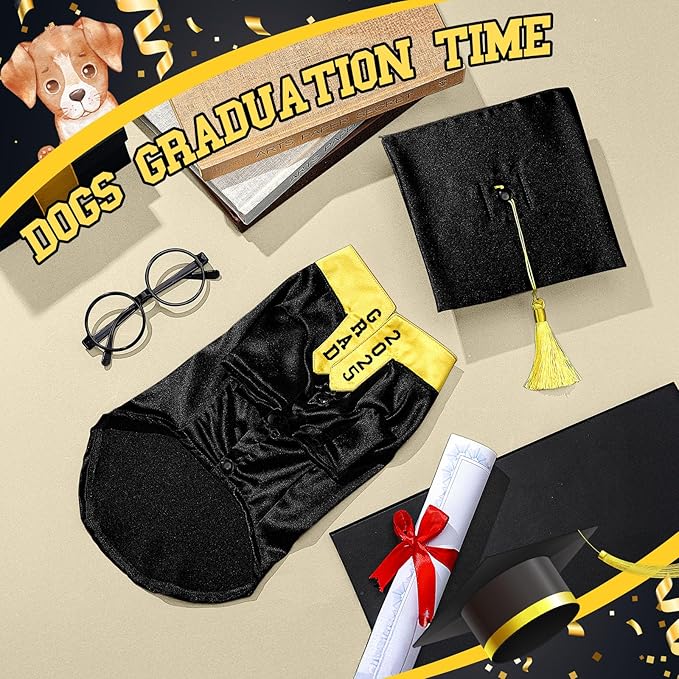5 Pcs Dog Graduation Costume Set Include 2025 Pet Graduation Gown with Stole Puppy Grad Cap Lensless Glasses DIY Letter Stickers for Dogs Cats Holiday Costume Accessory(Black Yellow,2XL)