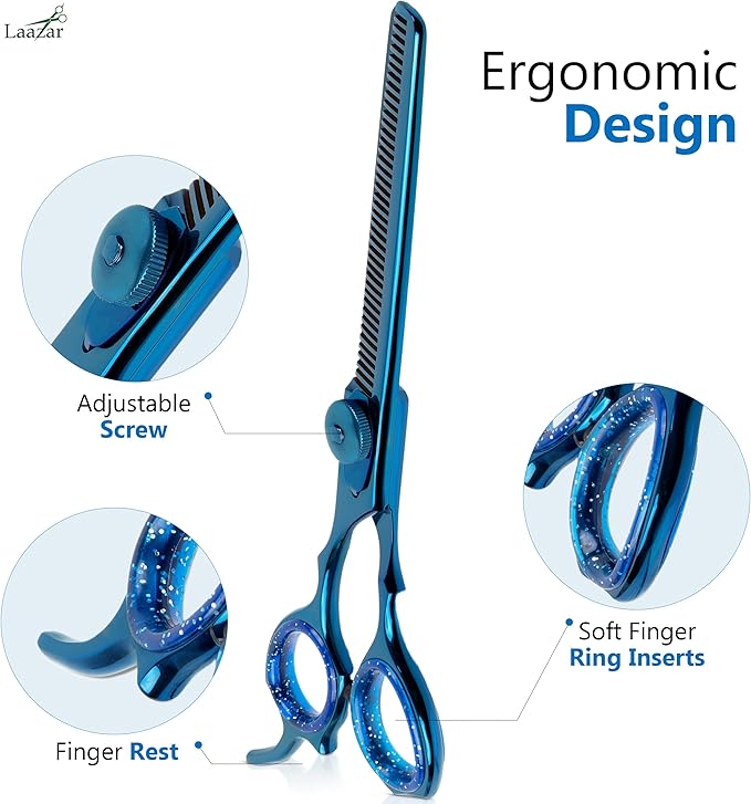 Laazar Dog Grooming Scissors - 6.5 Inch 42 Teeth Thinning Shears for Dogs, 440C Stainless Steel Pet Grooming Scissors, Dog Grooming Shears with Finger Rest & Case, Cat Grooming Supplies