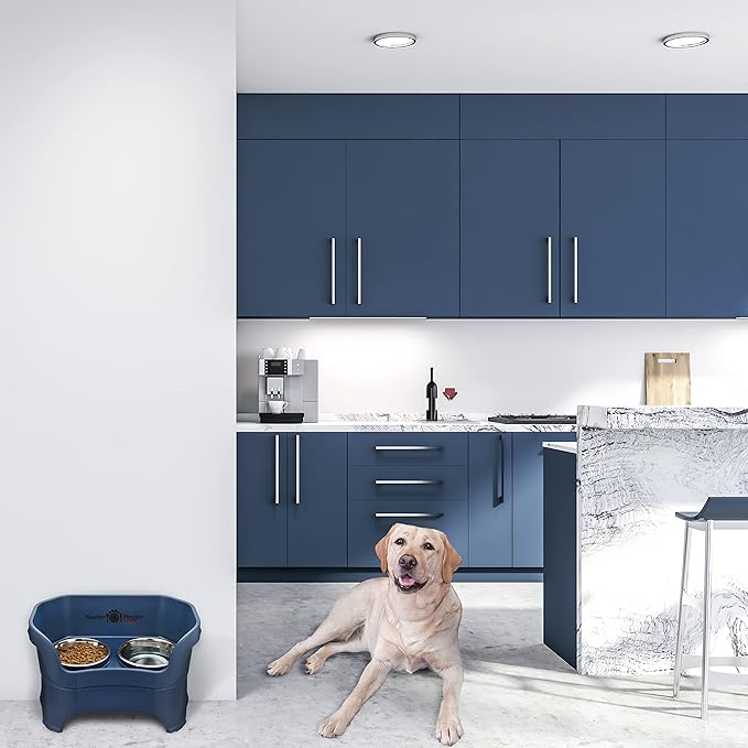 Neater Feeder Deluxe Mess Proof Dog Bowls Elevated for Large Breed – Made in USA – No Spill Raised Dog Food Bowl Stand – Stainless Steel Food and Water Bowl Set, Pet Dish Feeding Station, Dark Blue