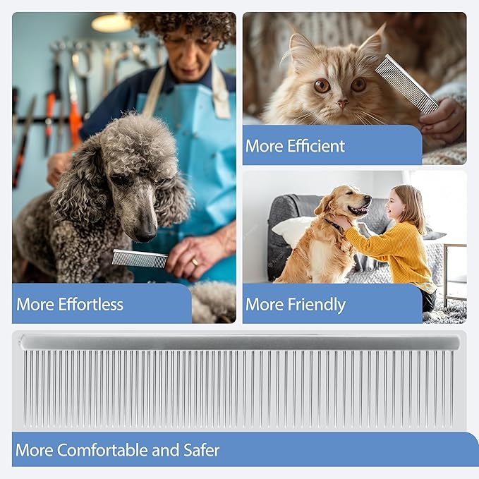 7.5 Inch Professional Stainless Steel Pet Grooming Comb for Dogs & Cats, Wide & Dense Teeth for Removing Tangles, Knots,Undercoat,Flea,Excess Hair, Rounded Corners Design for Safe,Metal Dematting Tool