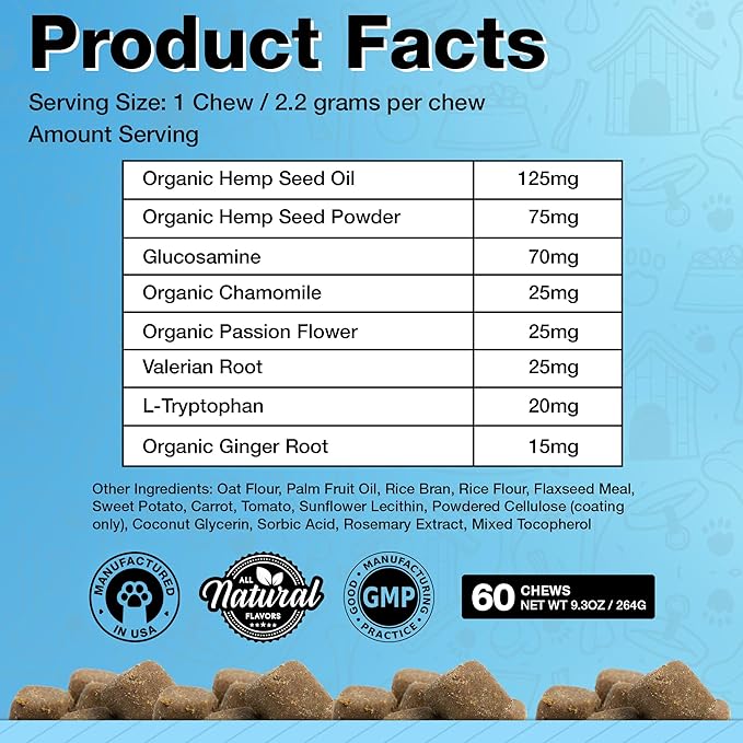 Hemp Dog Calming Chews - Anxiety Relief Treats, 60 Calming Treats for Dogs, Organic Calm Pup Dog Anxiety Relief, Calming Care for Dogs (Duck Flavor)