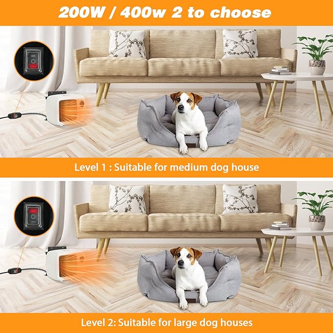 Dog House Heater with Thermostat, Wall-Mounted Dog Heater with 6.5FT Bite Proof Wire, Heater for Dog House with Safe Overheat Protection(2 Heating Mode 200W/400W)