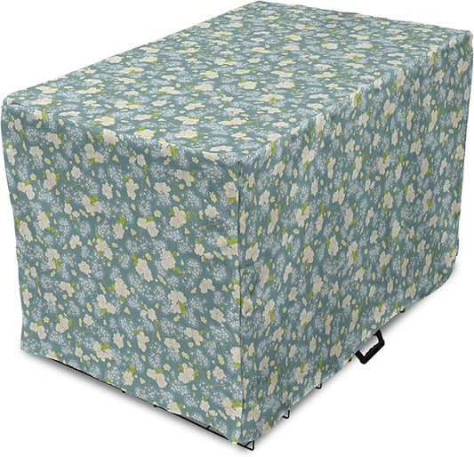 Lunarable Spring Dog Crate Cover, Pastel Tone Romantic Blossoming Flowers Pattern Vintage Garden Art, Easy to Use Pet Kennel Cover for Cats & Medium Dogs, 30 Inch, Cadet Blue Eggshell