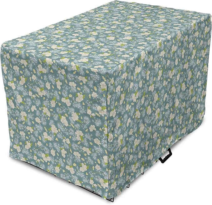 Lunarable Spring Dog Crate Cover, Pastel Tone Romantic Blossoming Flowers Pattern Vintage Garden Art, Easy to Use Pet Kennel Cover for Medium Large Dogs, 42 Inch, Cadet Blue Eggshell