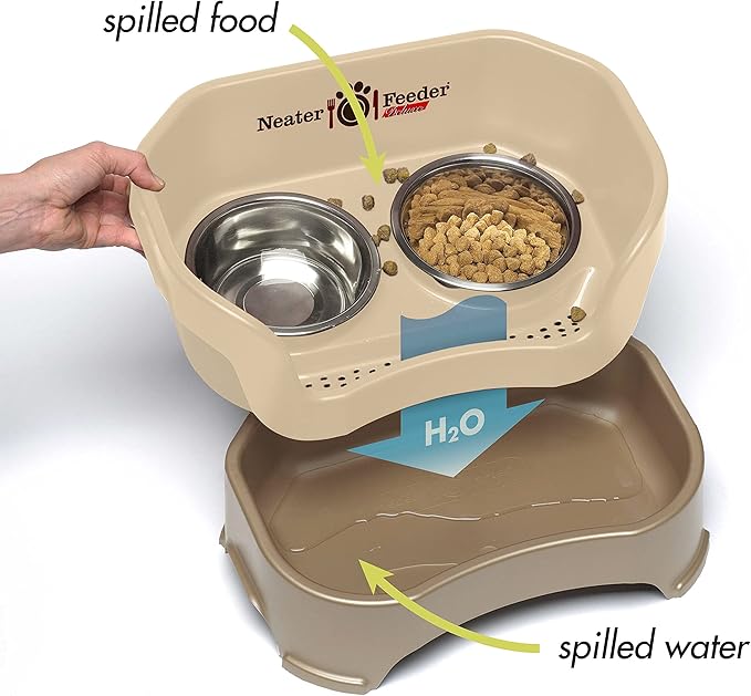 Neater Feeder Deluxe Mess Proof Dog Bowls Elevated for Small Breeds – Made in USA – No Spill Raised Dog Food Bowl Stand w/Leg Extensions – Stainless Steel Dog Food and Water Bowl Set – Beige