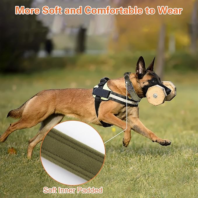 KCUCOP Tactical Dog Collar, Heavy Duty Dog Collar with Handle and Metal Buckle, Military Thick Dog Collars for Medium and Large Dogs(Green-XL-Reflective, 1 Patch)