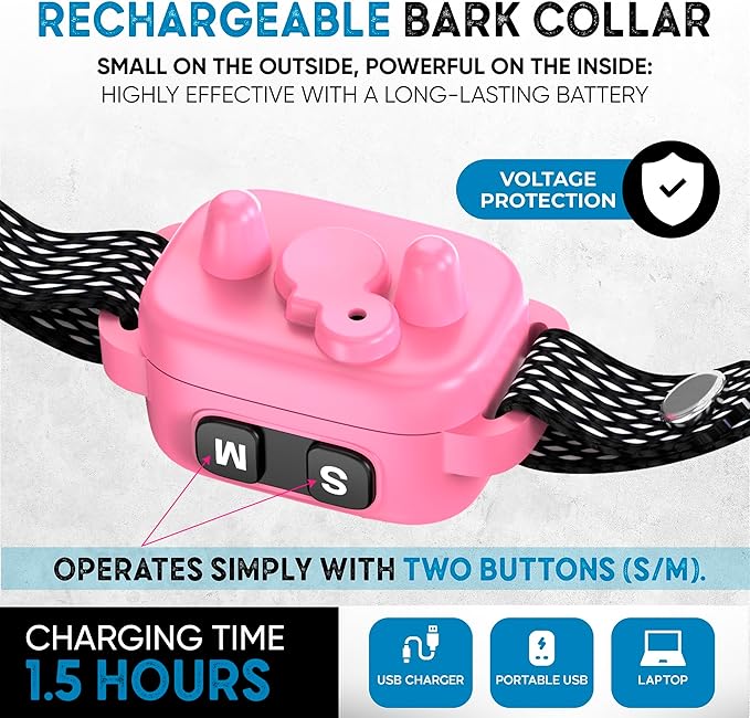 Tiny Bark Collar for Small Dogs 5-15 lbs and Puppies - No Shock Anti Barking Collar - Rechargeable Smart Collar for Dog Training with 7 Sensitivity Levels and 3 Beep&Vibration Modes (Pink)