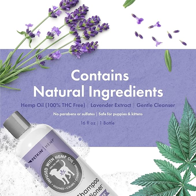 Petkin Hemp Shampoo & Conditioner for Dogs and Cats – with Hemp Oil & Calming Lavender Extract, 16 fl oz – Soothes, Calms & Conditions, Keeps Pet Smelling Great – for Home and Travel