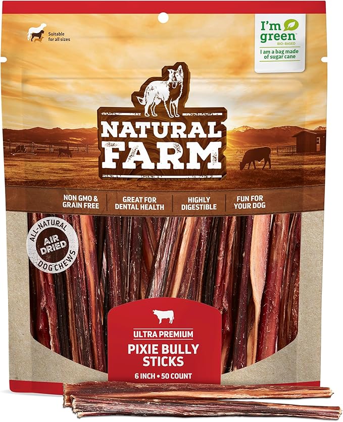 Natural Farm Bully Sticks (6 Inch, 50 Pack), Thin Pixie Pizzle Beef Treats, Grain-Free, High Protein, Best Rawhide Alternative for Small, Puppies or Senior Dogs