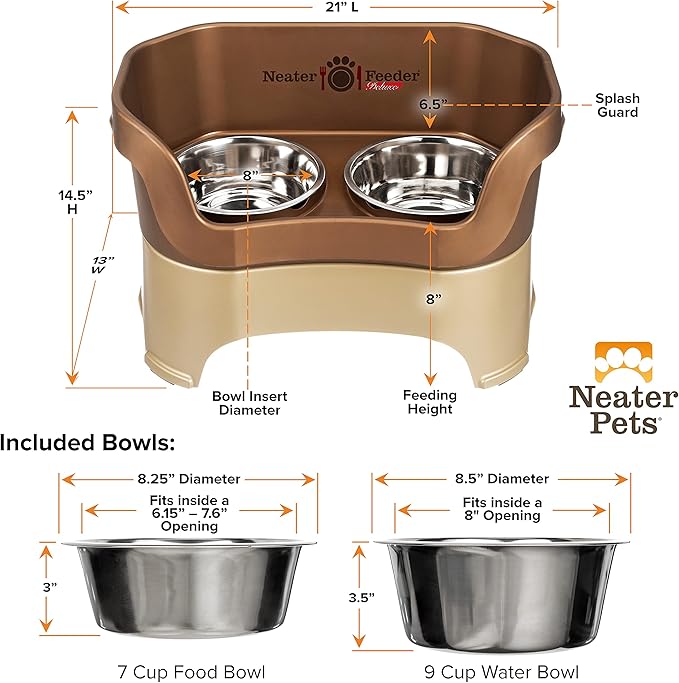 Neater Feeder Deluxe Mess Proof Dog Bowls Elevated for Large Breed – Made in USA – No Spill Raised Dog Food Bowl Stand – Stainless Steel Food and Water Bowl Set, Pet Dish Feeding Station, Bronze