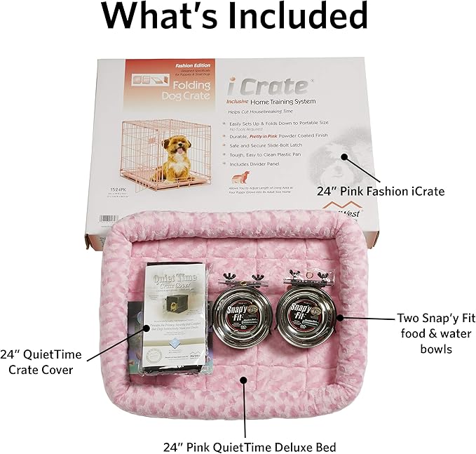 MidWest Homes for Pets iCrate Dog Crate Starter Kit, 24-Inch Dog Crate Kit Ideal for Small Dog Breeds (uo to 25 pounds) Includes Dog Crate, Pet Bed, 2 Dog Bowls & Dog Crate Cover (Pink), 1524PK-KIT