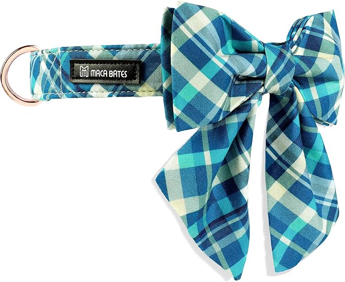 Maca Bates Plaid Blue Dog Collar with Checkered Bow Bowtie for Grid Dogs Bows Tie Adjustable Breakaway Collars Birthday Gift Colar for Small Medium Large XL Girl Boy Male Female Puppy Pets
