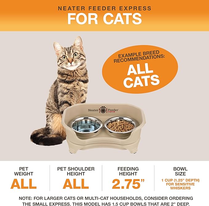 Neater Feeder Express Mess Proof Cat Bowls Elevated, No Spill Cat Feeding Station, Stainless Steel Cat Dishes for Food and Water, Raised Cat Bowls for Indoor Cats, Whisker Friendly Bowls, Almond