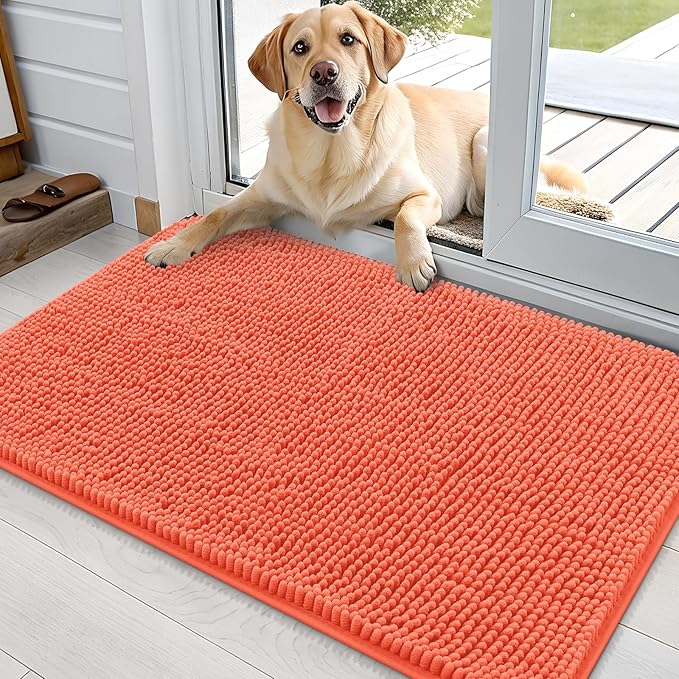 OLANLY Dog Door Mat for Muddy Paws 36x24, Absorbs Moisture and Dirt, Absorbent Non-Slip Washable Mat, Quick Dry Chenille, Mud Mat for Dogs, Entry Indoor Door Mat for Inside Floor, Coral