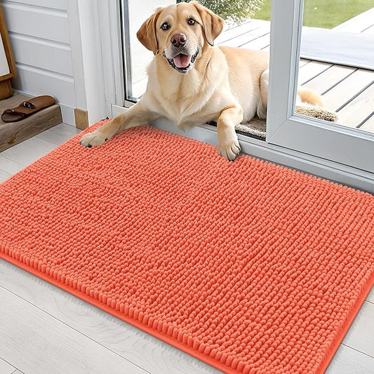 OLANLY Dog Door Mat for Muddy Paws 36x24, Absorbs Moisture and Dirt, Absorbent Non-Slip Washable Mat, Quick Dry Chenille, Mud Mat for Dogs, Entry Indoor Door Mat for Inside Floor, Coral