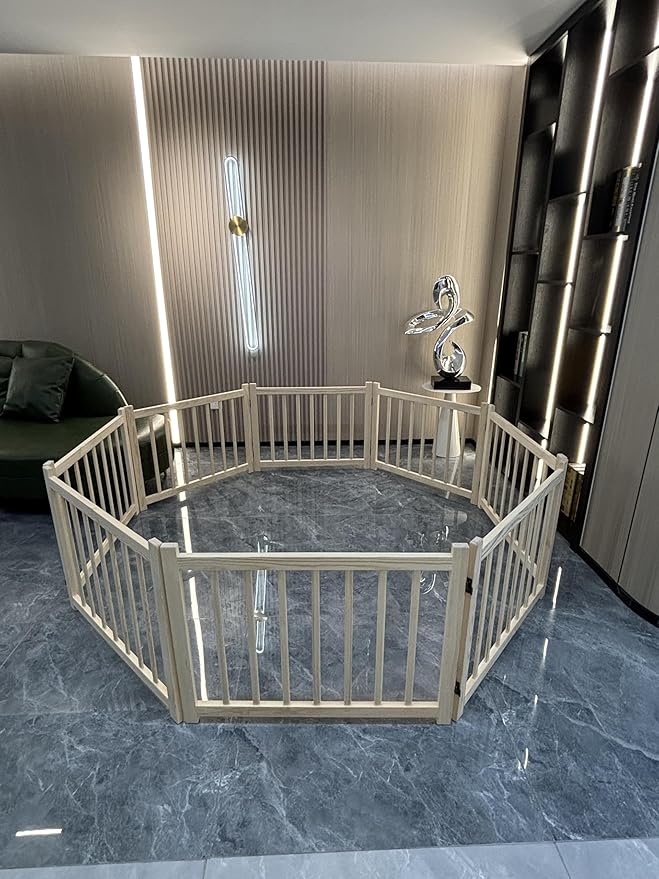 Ball & Cast 31" Wooden Freestanding Dog Gate with 360° Folding Hinges,8-Panel U/Z-Shaped Adjustable Pet Fence for Doorways & Stairs,Indoor Step-Over Barrier,Apartment,Living Room,Natural