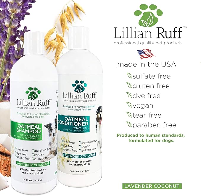 Lillian Ruff Calming Oatmeal Pet Shampoo & Conditioner for Dry Skin & Itch Relief with Aloe & Hydrating Essential Oils - Replenish Moisture & Deodorize - Dog Shampoo & Conditioner for Sensitive Skin
