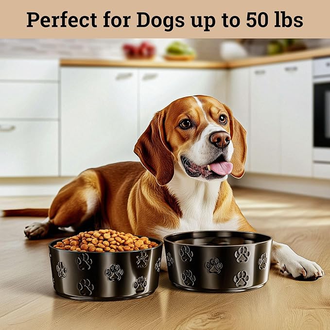 Ceramic Dog Bowl Set of 2 with Anti-Skid Base - 6.5" Wide x 2.5" Tall Ceramic Dog Bowls Medium Sized Dogs - 3 Cup Capacity Food and Water Bowls for Dogs - Rubber Bottom Pet Bowl Set of 2 Medium Size