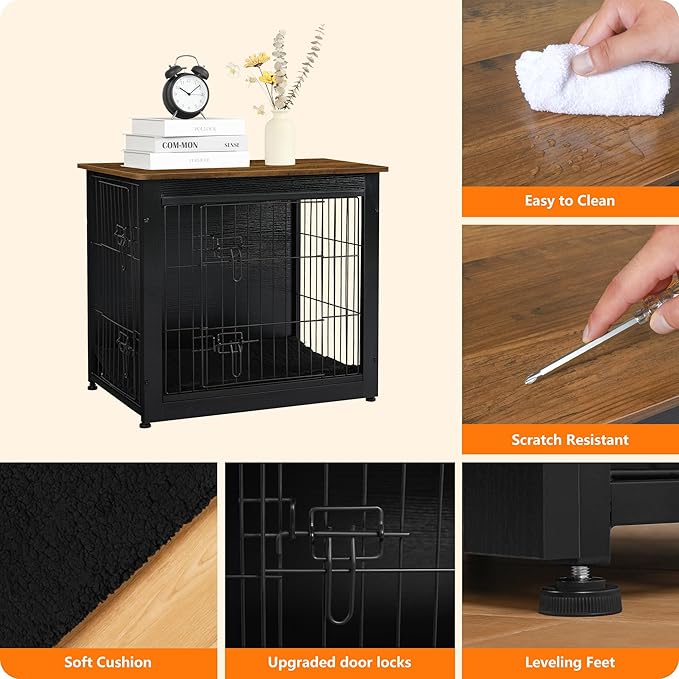 DWANTON Dog Crate Furniture with Cushion, Wooden Dog Crate with Double Doors, Dog Furniture, Dog Kennel Indoor for Small Dog，End Table, 27.2" L, Black+Warm Brown