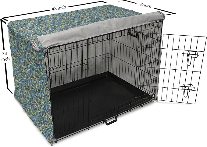 Lunarable Yellow and Blue Dog Crate Cover, Circles Squares and Triangles Mosaic Pattern with Dots Vibrant, Easy to Use Pet Kennel Cover for Medium Large Dogs, 48 Inch, Purple Sky Blue Yellow