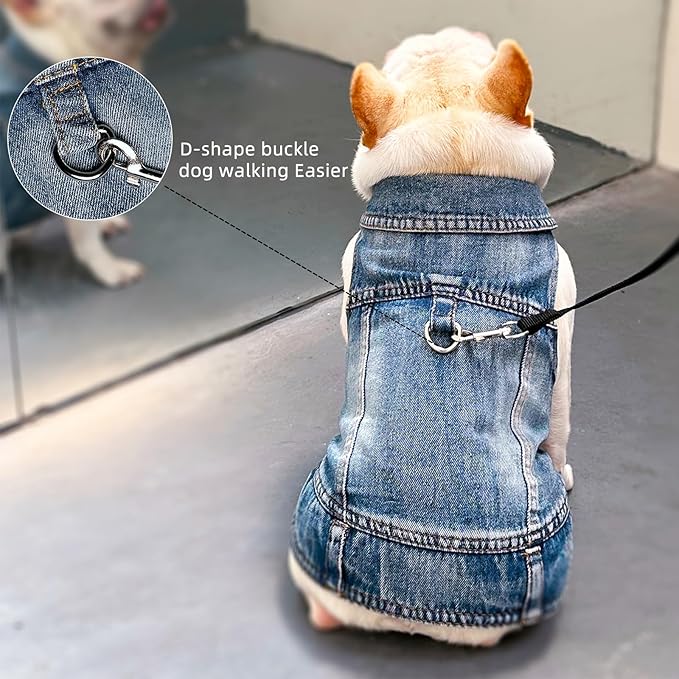 Dog Jean Jacket Pet Blue Denim Coat for Puppy Small Dogs Fashion Classic Overalls Girl Male Boy Cat Costumes Vintage Washed Vest Clothes Outfit Shirts (Blue, Large)