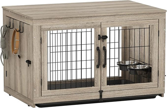 Piskyet Wooden Dog Crate Furniture with 360°Rotatable Removable Dog Bowls, Dog Crate End Table with Tray, Double Doors Dog Kennels for Dogs(L:37.7" L*25.1" W*26.1" H, Gray)