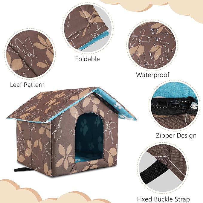 Outdoor Cat House Water Oxford Cloth Warm Cat House Removable Foldable, Outdoor Houses for Feral Cats Dogs (Leaf Pattern, Large House)