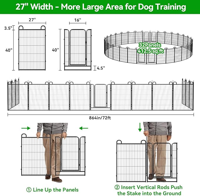 Dog Playpen Outdoor 32 Panels Heavy Duty Dog Fence 40" Height Anti-Rust with Doors Portable for RV Camping Yard, Total 72FT, 412 Sq.ft, Snowy Black