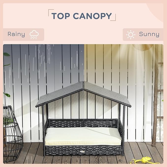 PawHut Wicker Dog House Outdoor with Canopy, Rattan Dog Bed with Water-Resistant Cushion, Raised Dog Bed for Small, Medium Dogs up to 66 lbs, 19.75" in Length, Black Wicker, White Cushion