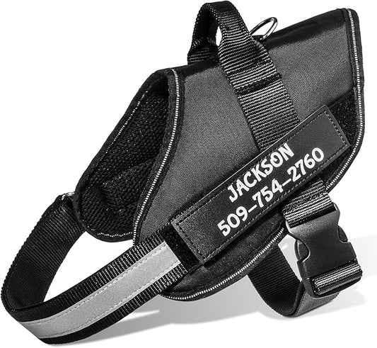GoTags No-Pull Dog Harness with Custom Name and Phone Number, Personalized for Large, Medium and Small Dogs, Service Vest No Tugging, Pulling, or Choking for Training (Black, XL)