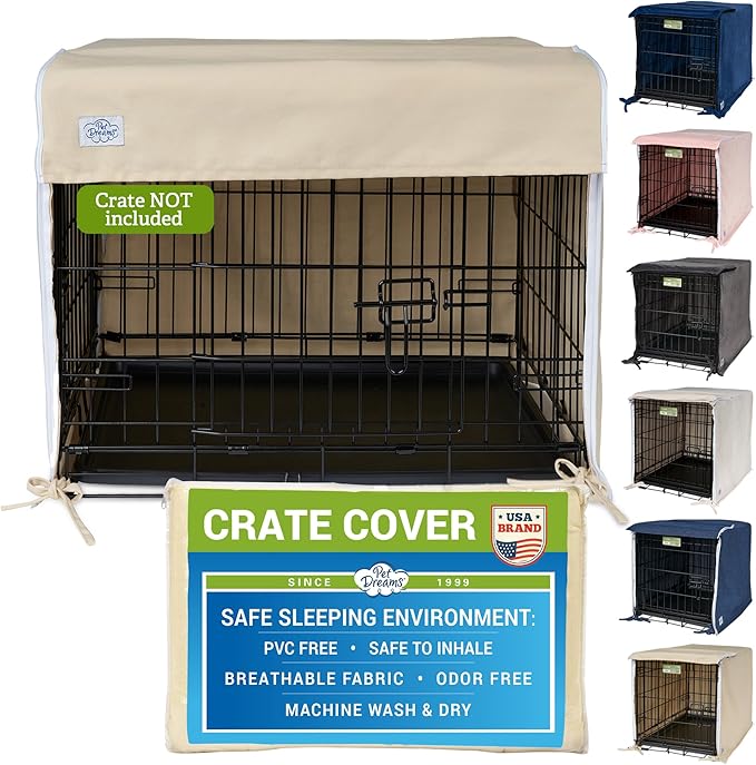 Pet Dreams Dog Crate Cover - Breathable Fabric Kennel Topper for Double-Door Crates, Fits iCrate Dog Cages 18, 24, 30, 36, 42, 48 Inches (Khaki, Large, 36")