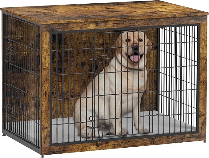 Piskyet Dog Crate Furniture with Cushion,Heavy-Duty Reinforced Metal Mesh,44" Wooden Dog Crate End Table with Double Doors,Indoor Dog Kennel,Dog Cage Side Table for Large Breed,Rustic Brown