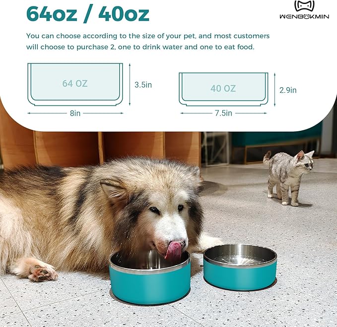 Dog Bowl, Stainless Steel Dog Food and Water Bowl with Non Slip Quiet Bottom, Easy to Clean, Dishwasher Safe, 64oz, Lake Blue