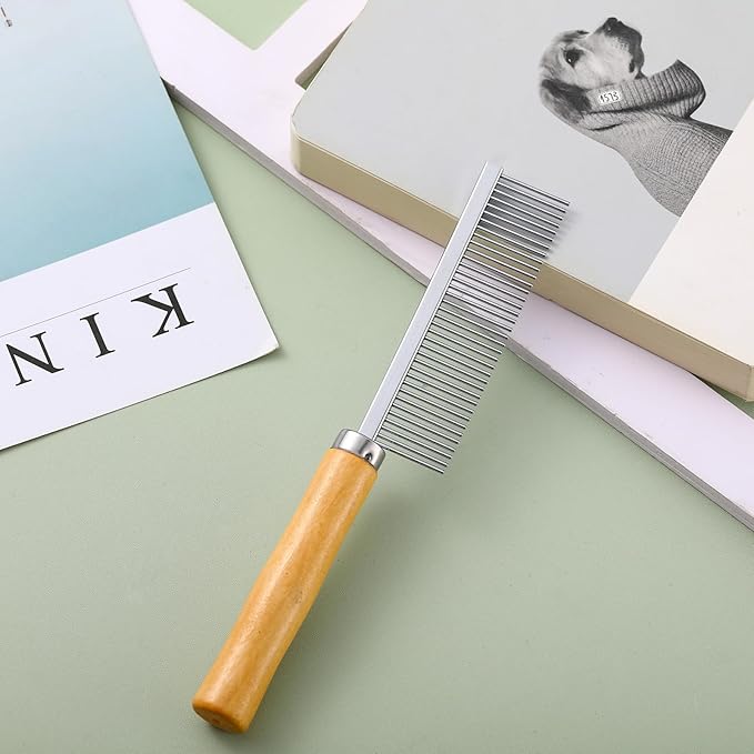 6 Pcs Grooming Comb bulk for Dogs Cats with Wooden Handle Pet Grooming Comb Smooth Teeth Tips Stainless Steel Detangling Matted Hair