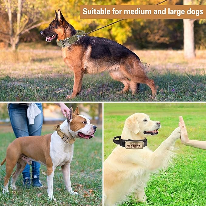 KCUCOP Tactical Dog Collar with Handle,Adjustable Military Dog Collar with Metal Buckle and Patches,Heavy Duty Dog Collars for Medium Dogs (Black-M)