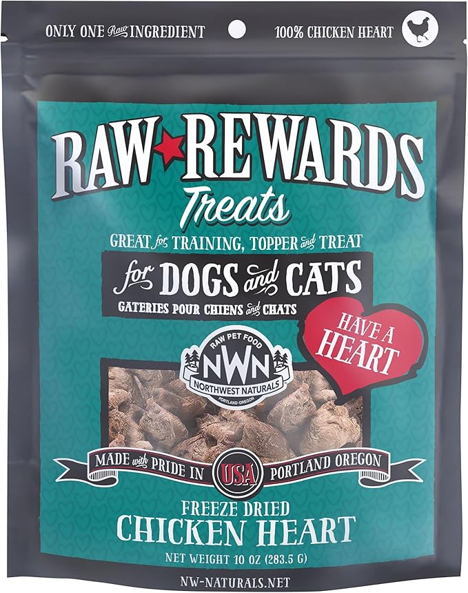Northwest Naturals Raw Rewards Freeze-Dried Chicken Heart Treats for Dogs and Cats - Bite-Sized Pieces - Healthy, 1 Ingredient, Human Grade Pet Food, Natural - 3 Oz (Pack of 3)