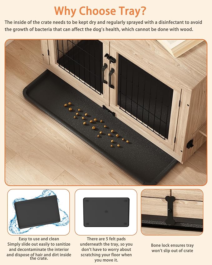 Piskyet Wooden Dog Crate Furniture with 360°Rotatable Removable Dog Bowls, Dog Crate End Table with Tray, Double Doors Dog Kennels for Dogs(XL:43.2" L*28.6" W*30.3" H, Gray)