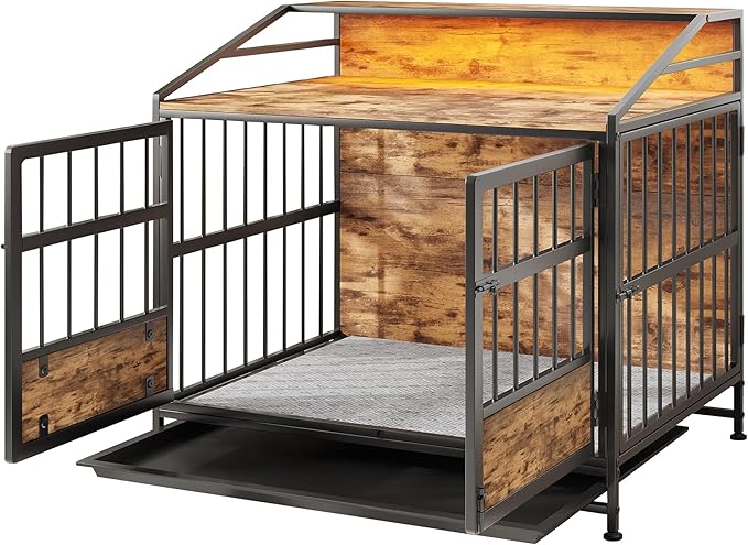 Dog Crate Furniture with Led Lights,Heavy Duty Wooden Dog Kennel with Double Doors,Dog House Indoor for Small Medium Dogs,End Table with Shelves,Black and Brown(34.65" L×24.02W×31.5" H)