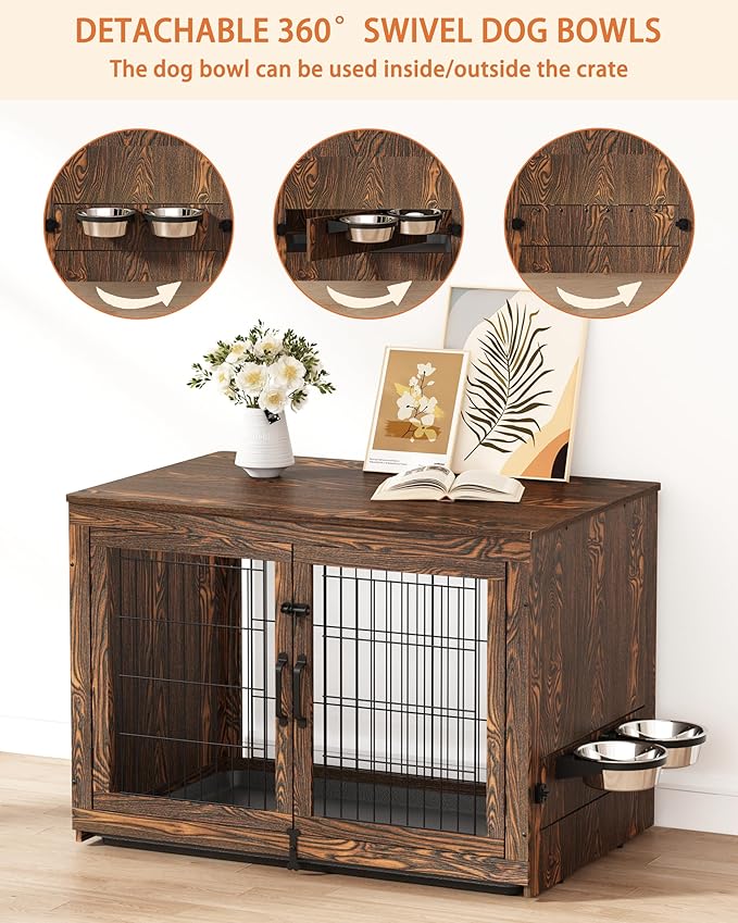 Piskyet Wooden Dog Crate Furniture with 360°Rotatable Removable Dog Bowls, Dog Crate End Table with Tray, Double Doors Dog Kennels for Dogs(L:37.7" L*25.1" W*26.1" H, Rustic Brown)