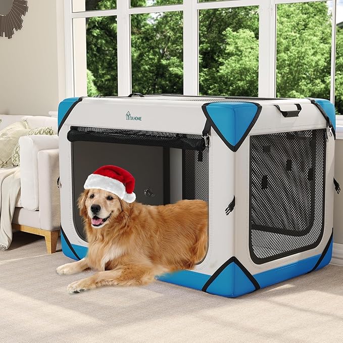 YITAHOME Collapsible Dog Crate, 4-Door Portable Travel Dog Crate, 4-Door Folding Soft Dog Kennel with Breathable Mesh Windows & Soft Mat，Indoor & Outdoor Use, 42" L x 31" W x 31" H, Flat Style