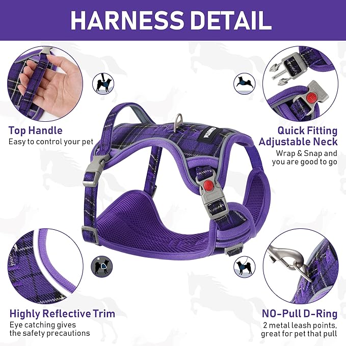 GAMUDA Dog Harness Collar and Leash Set, Dog Harness, No Chock No Pull Adjustable Vest Harnesses Plaid Reflective for Medium Dog, Cat, Small Horse, Small Bull and Pig (Purple, L)