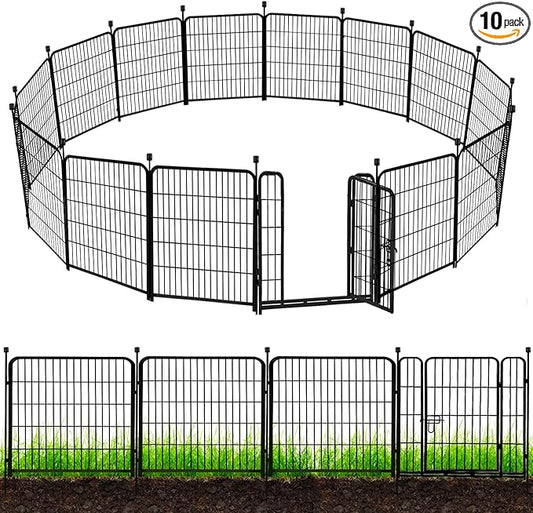 ADAVIN Tall Garden Fence 54 in(H)×22.1 Ft(L),10 Panels Dog Fence Outdoor for Yard, Heavy Duty Iron Metal Fence with Gate Low Threshold, No Dig Fence Panels, Animal Barrier Fence, Black