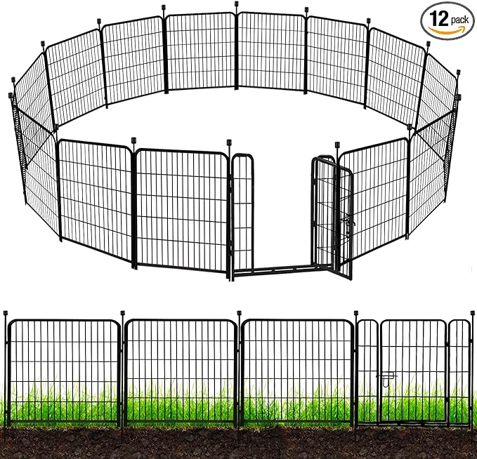 ADAVIN Tall Garden Fence 48 in(H) 12 Panels Total 26.6 FT(L), Heavy Duty Iron Metal Fence and Border, Flower Bed Fencing, outdoor Animal Barrier Fence, Dog Fences with gate for the Yard Camping, Black