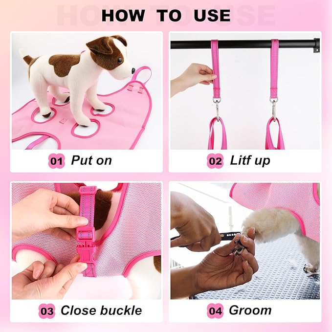 Dog Grooming Hammock, Breathable Cat Hanger Sling Harness Pet Grooming Hammock, Dog Sling for Nail Trimming, Cat Restraint Bag with Nail Clippers& Nail File (Pink, Small)