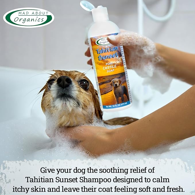 Tahitian Sunset Dog Shampoo - Pure Castile Soap with Essential Oils, Gentle & Conditioning Formula for All Coat Types, Suitable for Dogs 4 Weeks & Older, Mild Scent, 16 oz