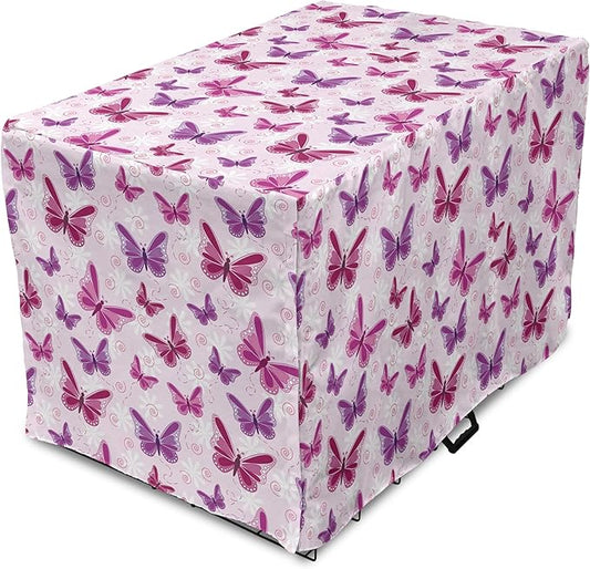 Ambesonne Purple Dog Crate Cover, Abstract Butterflies on Floral Background Feminine Romance Illustration, Easy to Use Pet Kennel Cover for Cats & Medium Dogs, 24 Inch, Maroon Purple Pale Pink