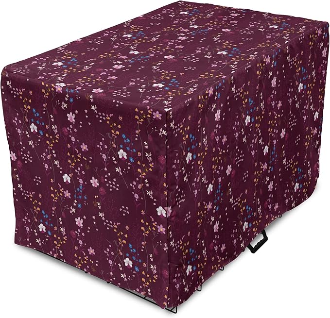 Lunarable Maroon Dog Crate Cover, Pattern of Wildflowers Scene Botanical Spring Time Elements Colorful Blooms, Easy to Use Pet Kennel Cover for Cats & Medium Dogs, 24 Inch, Maroon Multicolor
