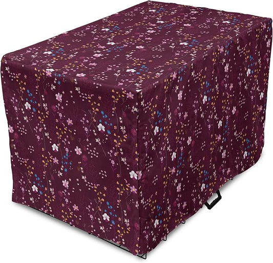 Lunarable Maroon Dog Crate Cover, Pattern of Wildflowers Scene Botanical Spring Time Elements Colorful Blooms, Easy to Use Pet Kennel Cover for Medium Large Dogs, 42 Inch, Maroon Multicolor